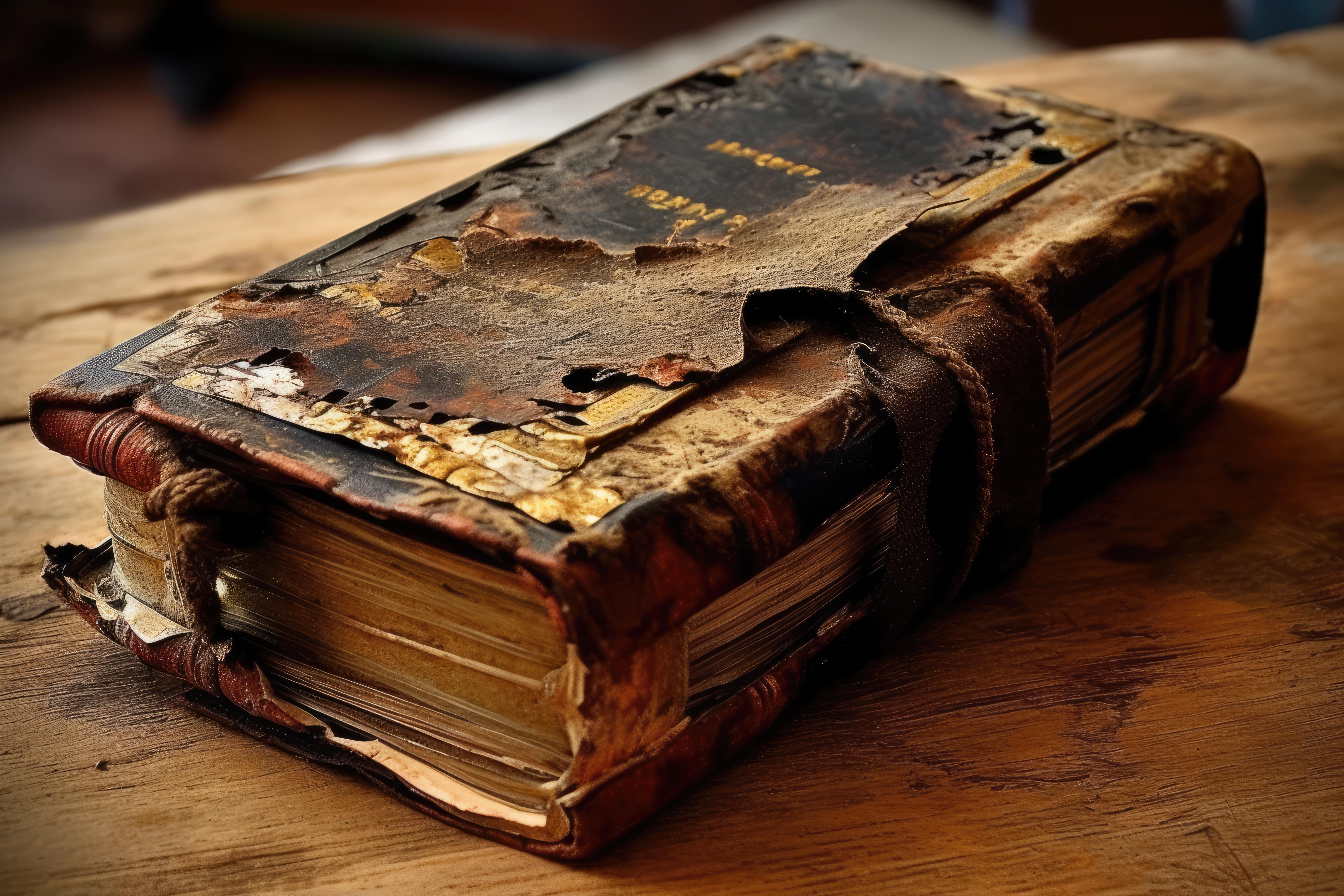 Старая обветшалая книга с потрёпанной обложкой и кожаным ремешко